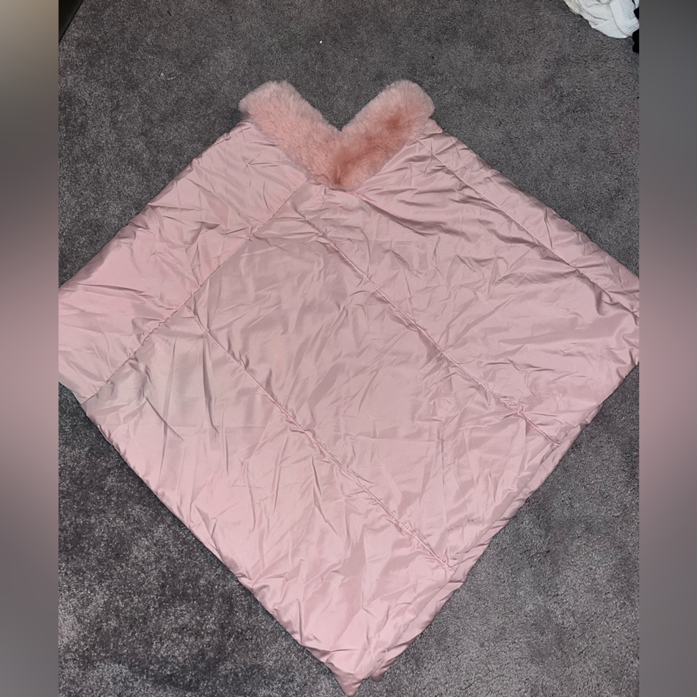 BRAND NEW WITH TAGS - pink down pullover poncho with fur neckline
